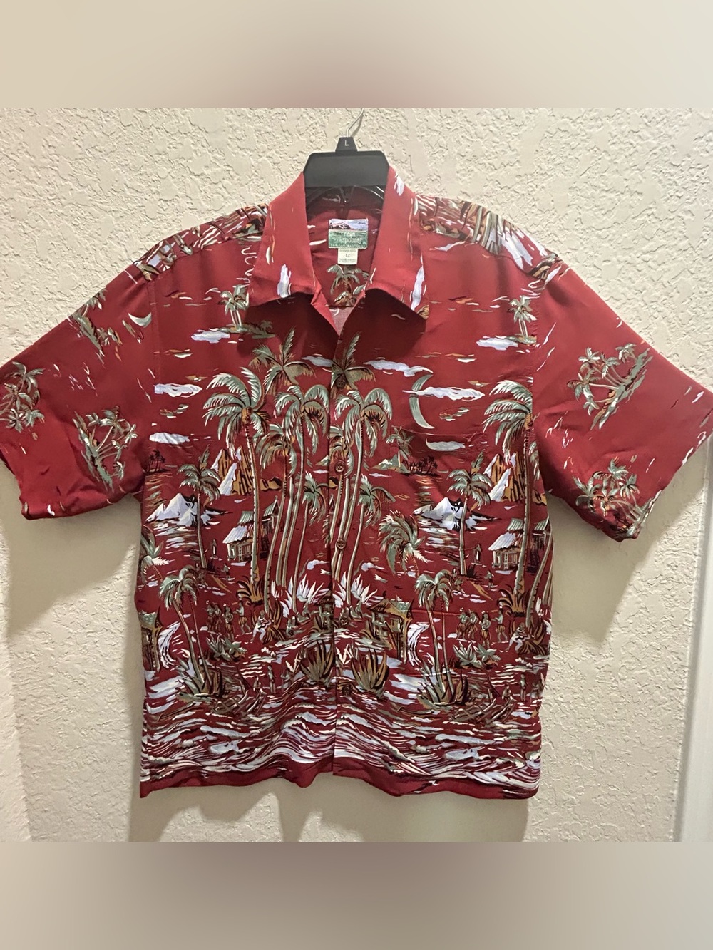 Reyn Spooner Shirt Mens Large Crimson Hawaiian Shirt Palm Trees -Hula Girls
